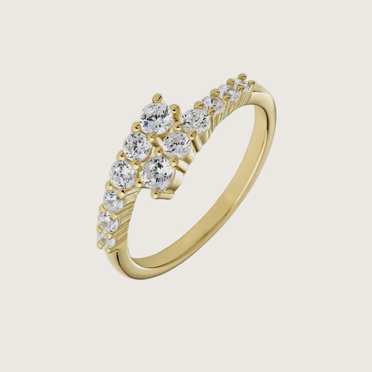 Bague en argent plaqué or, deux lignes avec zircones