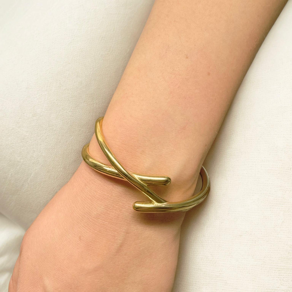 Jonc doré, femme, ajustable, branches croisé, élégant et hypoallergénique, en acier inoxydable